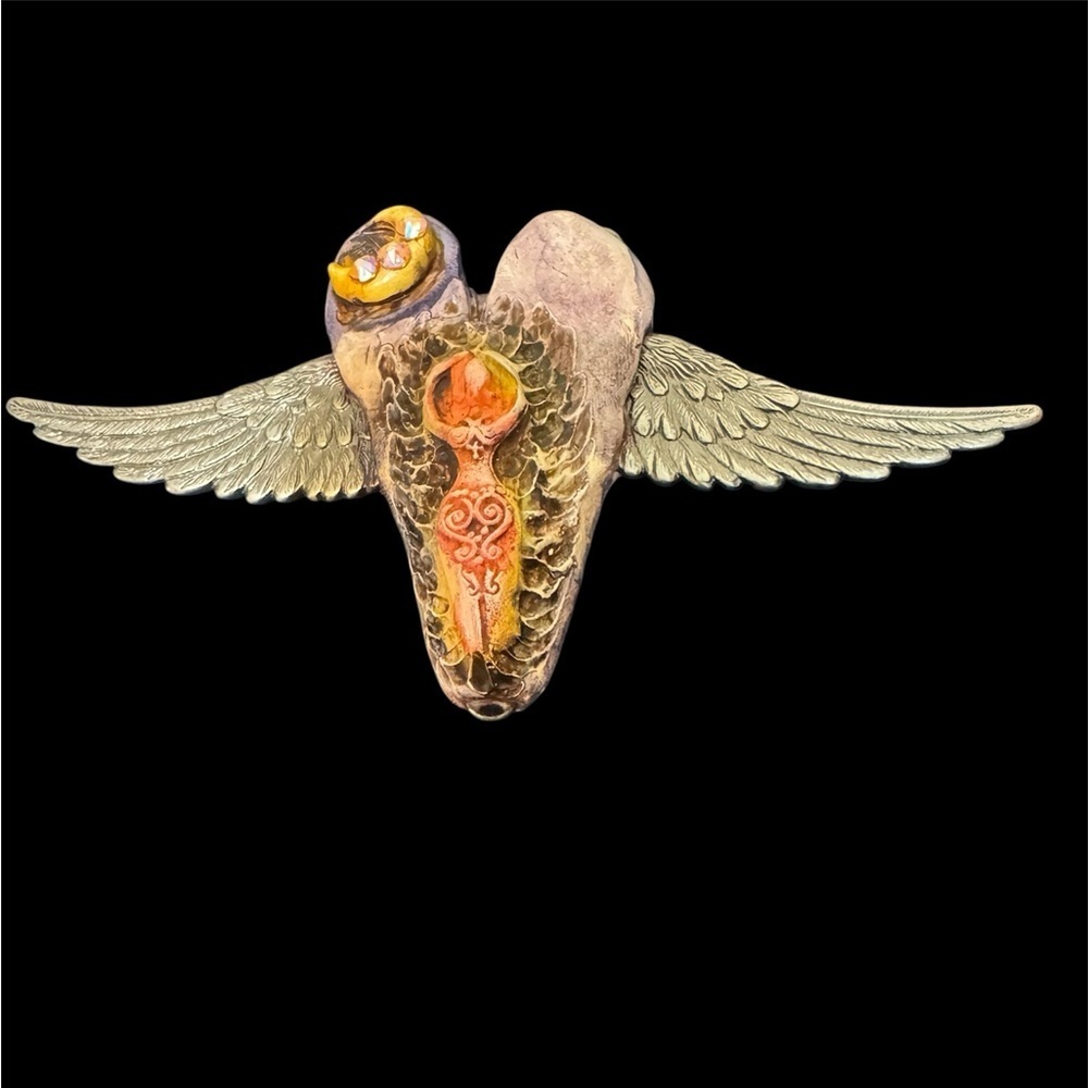 Goddess Winged Heart Pendant with Orange and Gold Accents